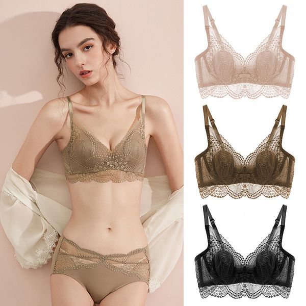 

women's thin rabbit ear crystal cup lace bralette set push up underwear women wire bra, Red;black