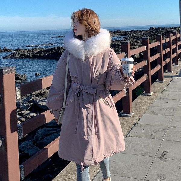 

2021 newstyle winter jacket women hooded big fur oversize with sashes slim long women's thick coat xxsi, Black