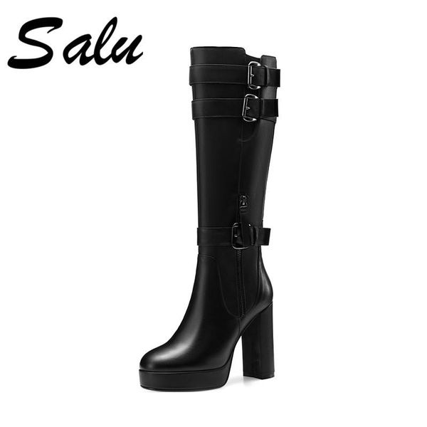 

salu genuine leather boots women autumn winter western boots buckle fashion knee high ladies shoes, Black