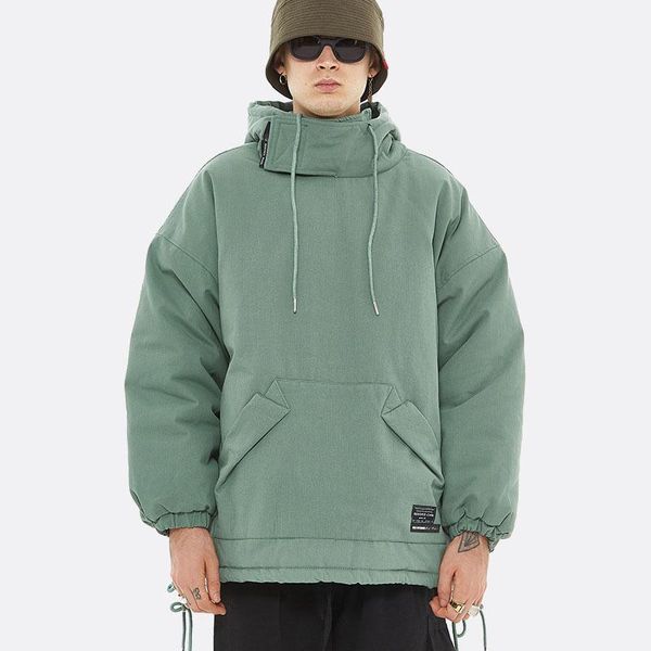 

men winter thicken padded cotton pullover hooded parkas coat outerwear male streetwear hip hop loose casual warm jacket overcoat1, Black