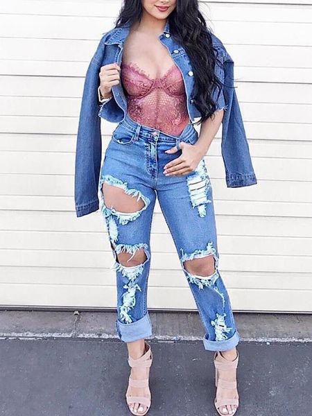 

6214# russia loose size boyfriend big hole high waist jeans woman, Blue