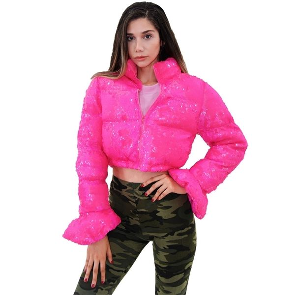 Обрезанный пуховиковый пиджак розовый блесток колокольчиной рукав Parka пузырь пальто зимнее падение женщин XL XXL 201210