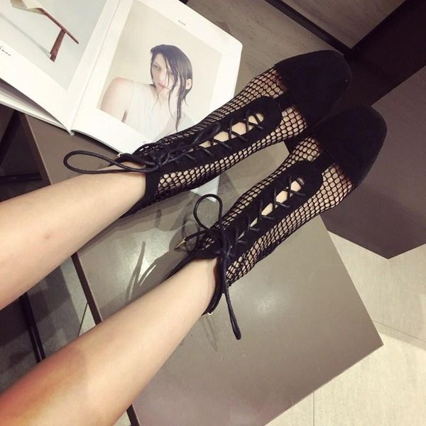 

короткие сапоги сетка круглого toe lace-up выдалбливает коренастый-heel semi-высоких каблуки h леди обувь -40, Black