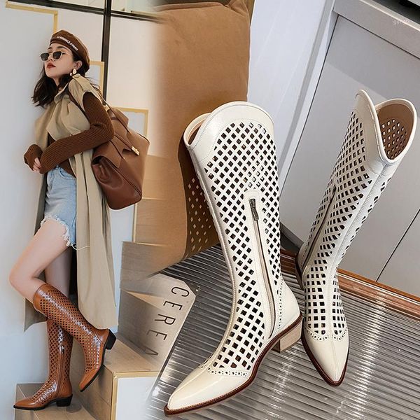 

boots 2021 spring shoes woman designers chic hollow pointed toe natural genuine leather women knee high womens shoes1, Black