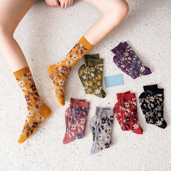 

fashion vintage flower womens socks cotton cozy breathable girls casual socks korean style kawaii women's long winter fall1, Black;white
