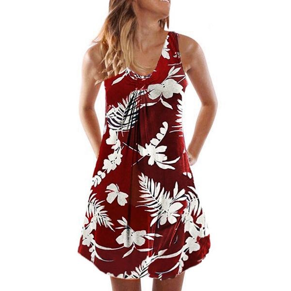 

women's summer fashion v-neck print sleeveless sling mini dresses wine red  size, Black;gray