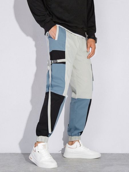 

men colorblock buckled strap detail drawstring waist joggers n7ah#, Black