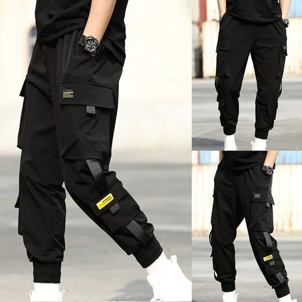 

streetwear hip hop black harem pants men elastic waist punk pants with ribbons casual slim jogger men hip hop trousers1