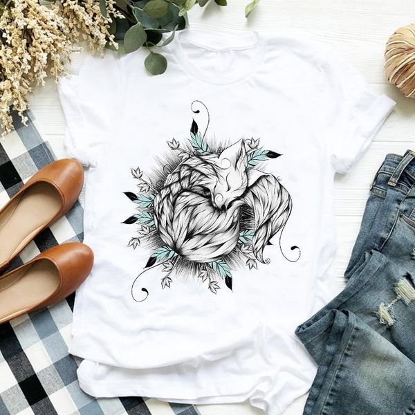 

women lady t shirt cute fox animal printed tshirt ladies short sleeve loose tee shirt women female clothes graphic t-shirt, White