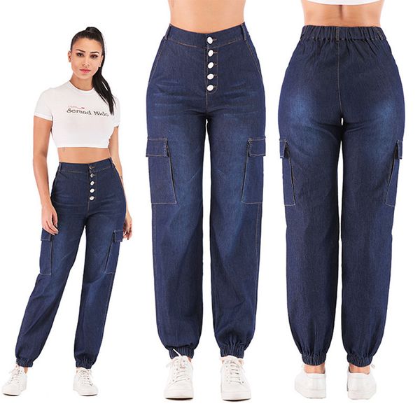 

jeans high-waisted sewing button closing foot casual cowboy women's pants, Blue