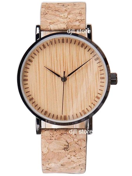 

eco-friendly thin cork wood band strap watch for men bamboo dial clock minimalist simple mens wooden wristwatch man creative quartz watches, Slivery;brown