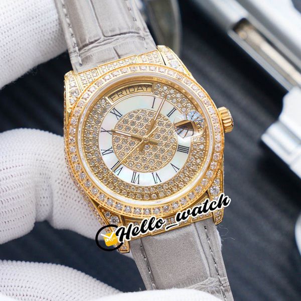 

новый 36мм datejust day-date 118348 eta 2836 автоматические мужские часы полный алмазный циферблат рим марк розовое золото серая кожа часы h, Slivery;brown