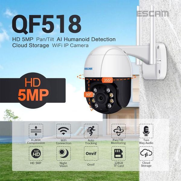 

escam new qf518 5mp pan/tilt ai humanoid detection auto tracking cloud storage wifi ip camera with two way audio night vision1