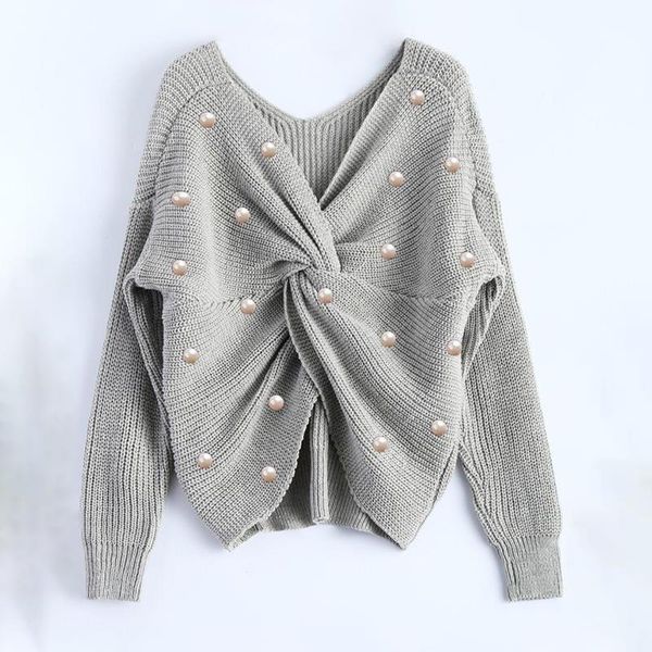 

deep v neck loose womans sweater long sleeve with acrylic plastic pearl irregular backless knitted jumpers female pullovers, White;black