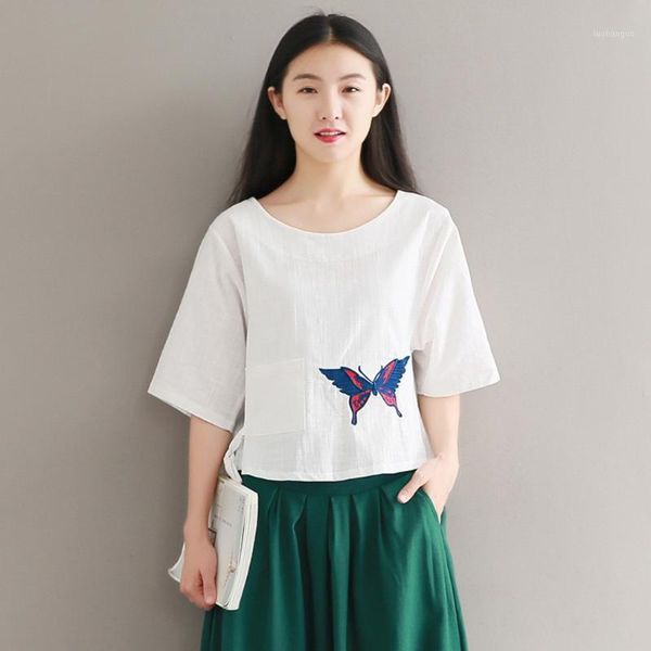 

feitong elegant ladies women's retro butterflies embroidered three quarter sleeve shirt solid female blusas streetwear1, White