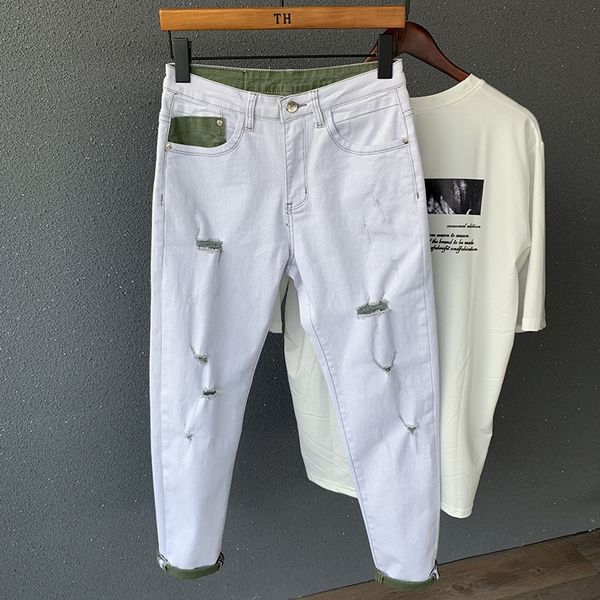 

hdd2t 2020 spring new jeans hole washed green pants trousers and trousers white bottom nine-point jeans men's slim fit ankle and casual, Blue