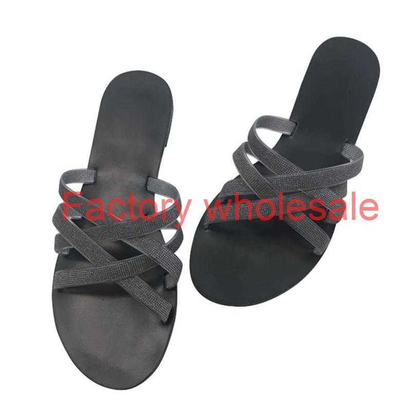 

2021 spring/summer fashion sparkle drill flat cross-strap slipper lady indoor versatile sandals black cozy beach shoe women sexy