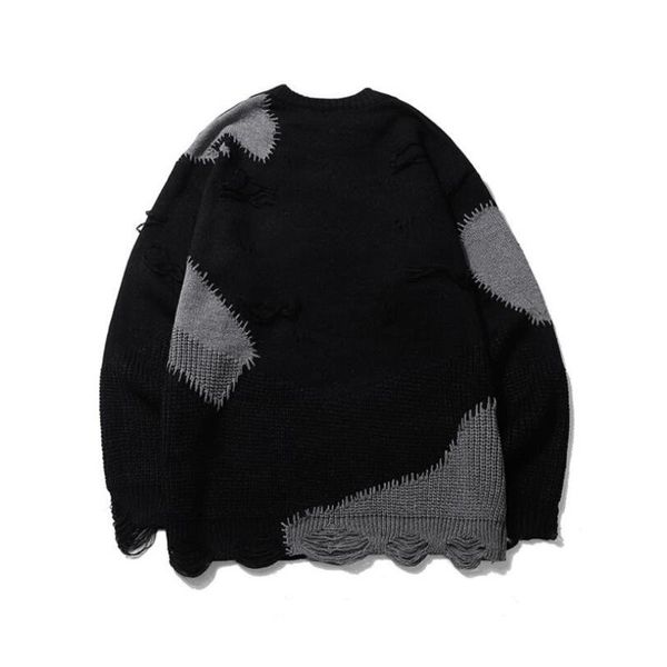 

harajuku color o sweaters frayed w1360 hip streetwear neck oversize mens pullover hole baggy couple hop sweater clothing block atjwa, Black
