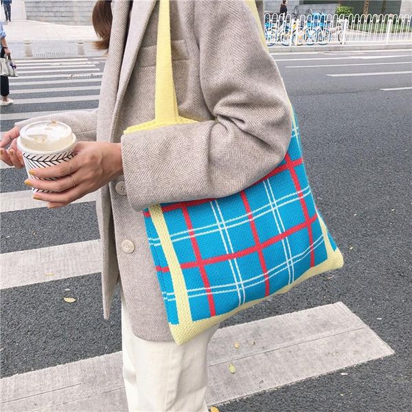 

women knitting wool bag contrast color checked shoulder bag simple college students cloth handbag tote winter warm woolen bags