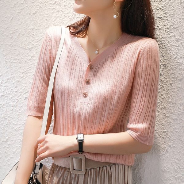 

naxcs cotton ice half sleeve sleeve 2020 cottonknitted shirt mercerized new women's v-neck mercerized cotton three button short t-shirt, White