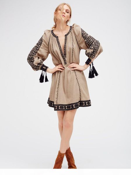

fashion national retro style summer dress women boho dress embroidery tassel loose hippie chic beach dress vestidos, Black;gray