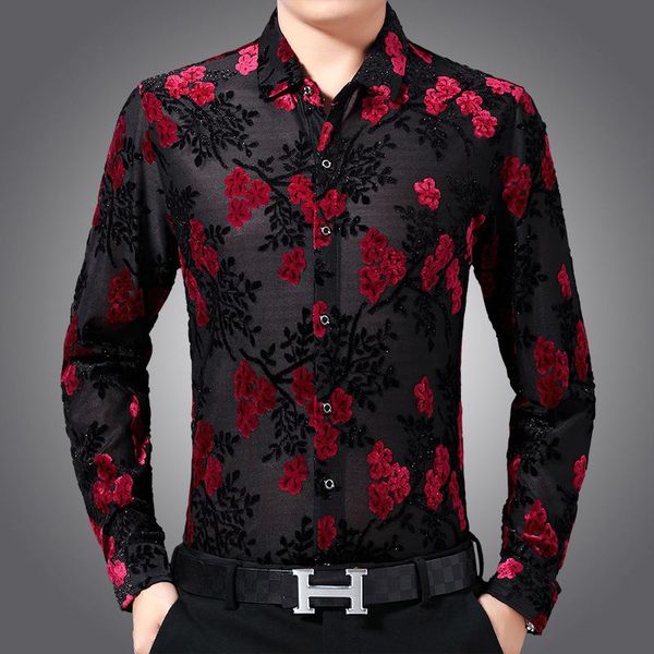 

men's casual shirts flowers printed for mens transparent clothing 2021 summer club see through silk plus size, White;black