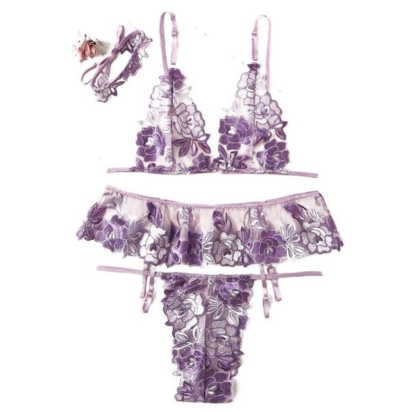 

bras sets women's lingerie set seduction costume embroidery lace underwear thong garter bra glamour 2021, Red;black