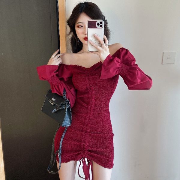 

drawstring pleated long sleeve elastic slim chiffon dress 2020 new autumn / winter skirt woman
