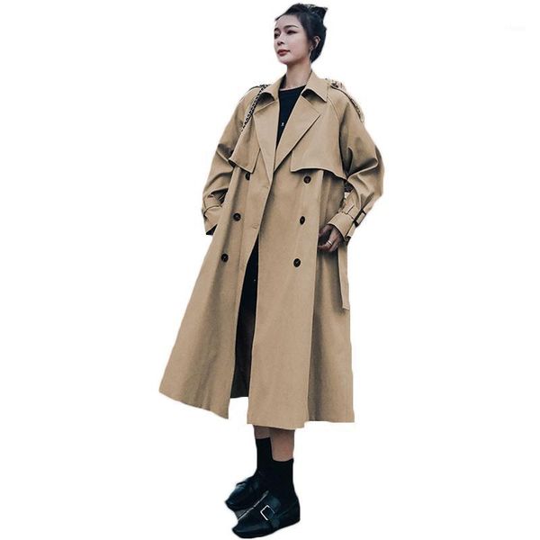 

fashion windbreaker women's mid-length 2021 new style drape british style over-the-knee spring autumn trench coats khaki 60b1, Tan;black