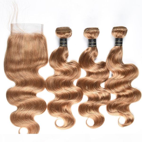 

9a brazilian virgin hair with closure 3 bundles brazilian body wave hair with 4x4 lace closure color 27# unprocessed remy human hair weave, Black;brown