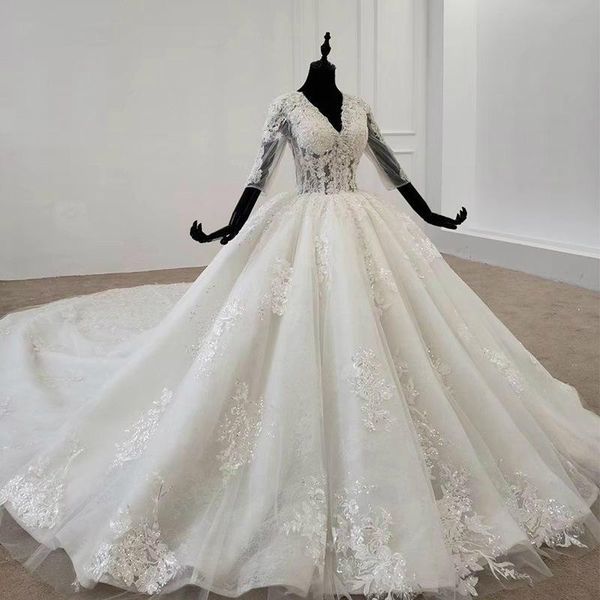

2021 gorgeous ball gown wedding dresses sparkly v neck half long sleeve white ivory lace bridal gowns puffy sweep train vestidos de novia