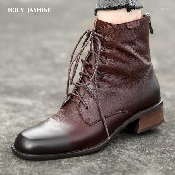 

boots women ankle genuine cow leather lace-up square toe autumn winter ladies shoes handmade 2021 1, Black