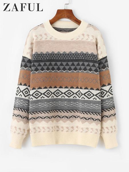 

women's sweaters zaful women geometric long sleeve knitted sweater autumn print o-neck pullovers casual loose winter vintage ladies kn, White;black