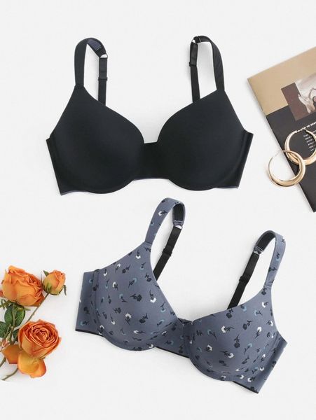 

2pack plus plain & floral print underwire bra a6o0#, Black;white