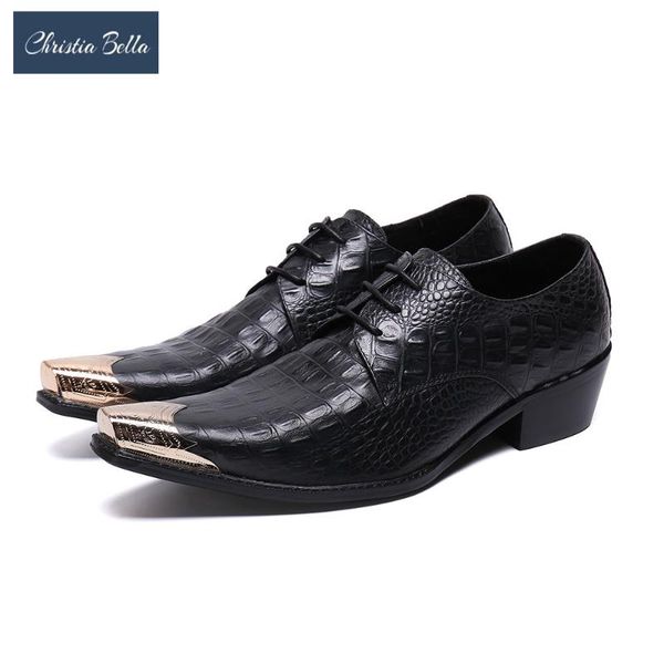 

christia bella classic real leather men oxford shoes lace up men wedding dress shoes big size increase height office derby, Black