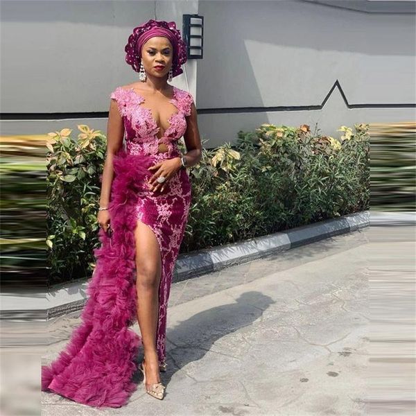 

african mermaid evening dresses sheer neck lace appliques plus size prom dress side split arabic dubai formal gowns vestidos de fiesta, Black;red