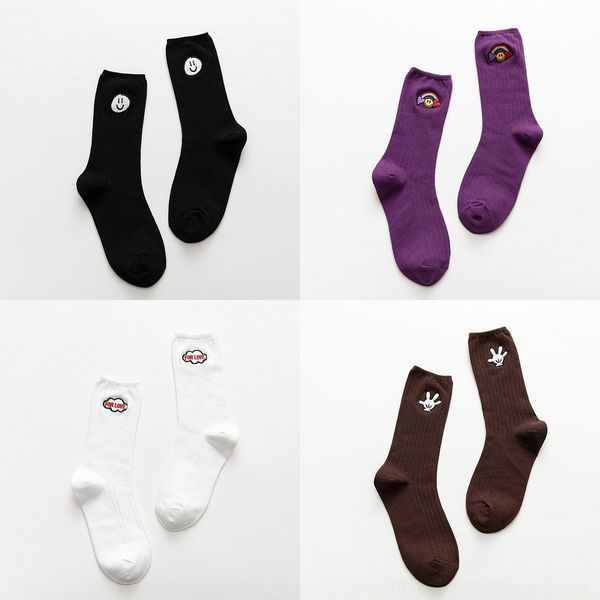 

nwlbv women's new embroidered stockings and socks color casual embroidered smiley face women's mid-length stockingssolid striped c, Black