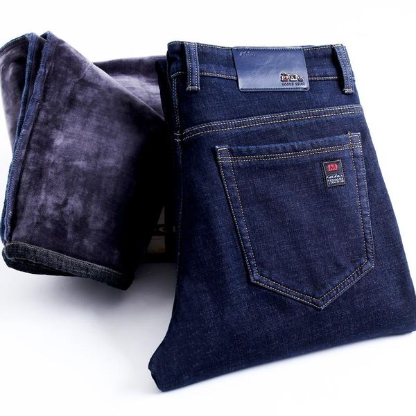 

2020 winter new men's thick warm jeans large size 40 42 business casual stretch denim trousers male brand pants black blue