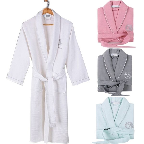 

100% cotton men women's bathrobe embroidery waffle soft robe ls absorbent night dressing gown pijamas bridesmaid robe 210203, Black;red