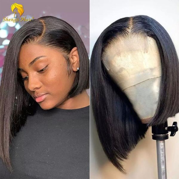 

short bob wigs straight 13x6 lace wig lace front brazilian glueless remy human hair wigs pre pluck with baby hair shengji, Black;brown