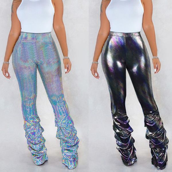 

women's leggings women reflective slim fit pleated nightclub trousers shiny elastic waist bling long pants fashion female street, Black