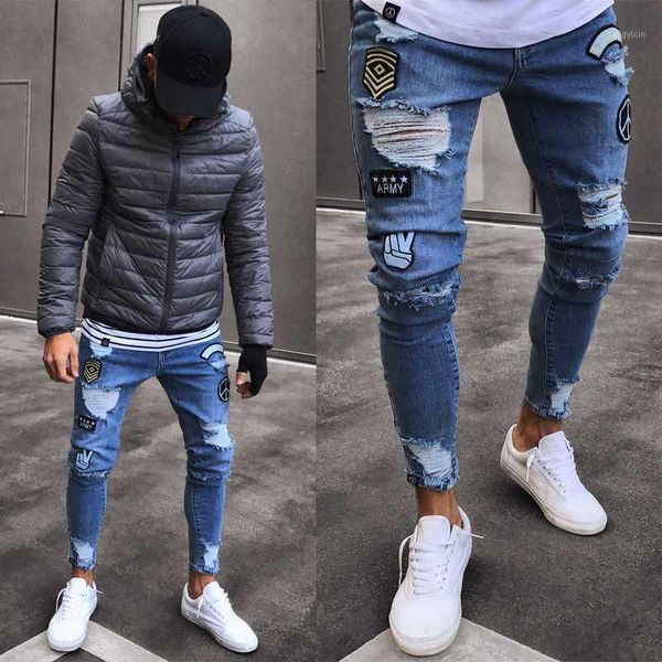 

2019 new fashion skinny jeans men high street hip hop style pants boy's washed destroyed blue slim pencil jeans plus size s-4xl1