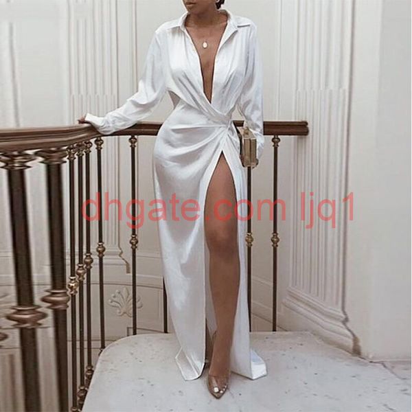 

summer&autumn women solid dresses v-neck long sleeve high waist casual dresses for womens lapel neck split night club party long 1301, Black;gray