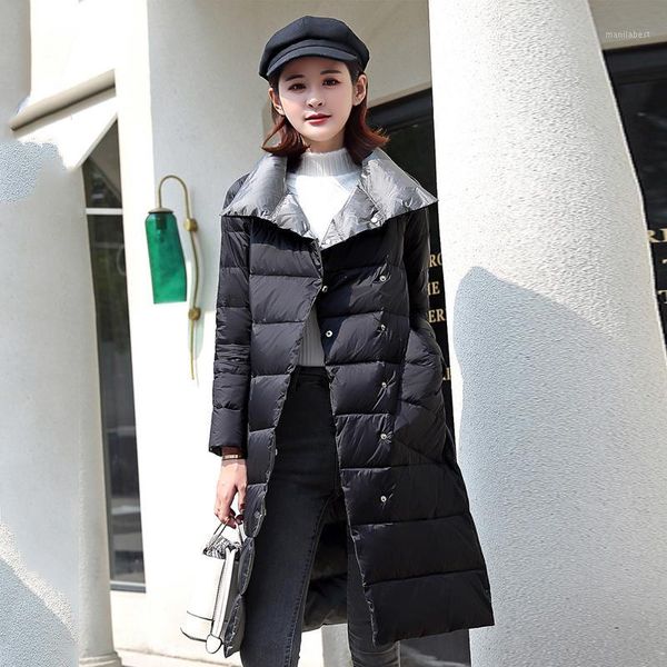 

korean style women's winter long down jacket both sides can be wear solid casual outwear thicken turn down collar female coats1, Black