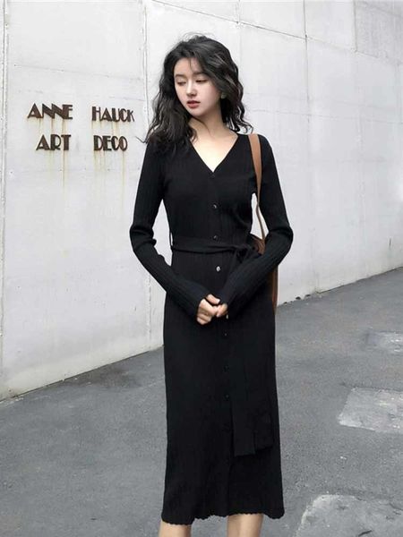 

2021 new male female spring elegant long korean autumn black sweater dress maxi kj1910 qyt7, Black;gray