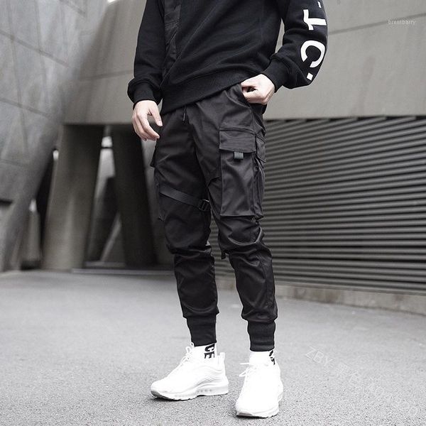 

men ribbons color block camouflage pocket cargo pants 2019 harem joggers harajuku sweat pant hip hop trousers fashion new sa-81, Black