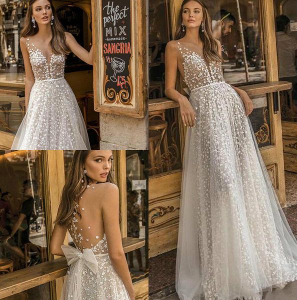 

muse by berta 2021 new wedding dresses sheer neck lace appliqued bridal gown a line beach boho simple see through wedding dress with bow, White