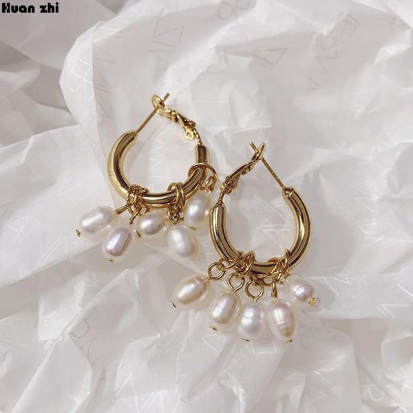 

charm huanzhi 2021 korean gold metal geometric irregular circle natural freshwater pearl tassel hoop earrings for women girl party, Golden