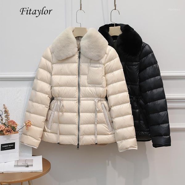 

fitaylor winter ultra light 90% duck down jacket women large natural 's hair white duck down parka sash tie up warm coats1, Black