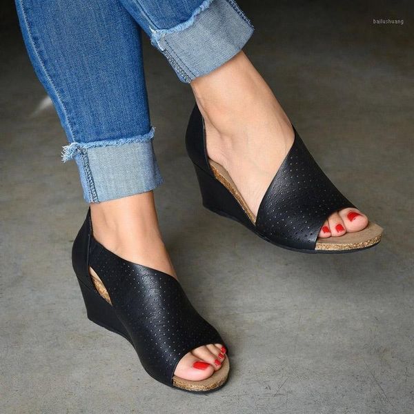 

women's sandals wedges platform ladies clog sandalias mujer summer shoes female zipper pu peep toe 2020 fashion woman1, Black